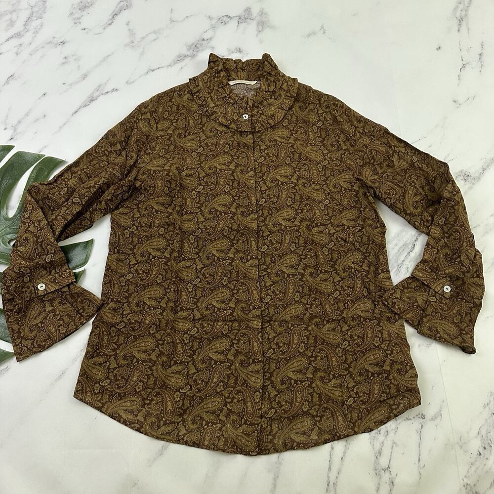 Soft Surroundings Paisley Top Size M Brown Ruffle Trim Floral Long Sleeve Blouse